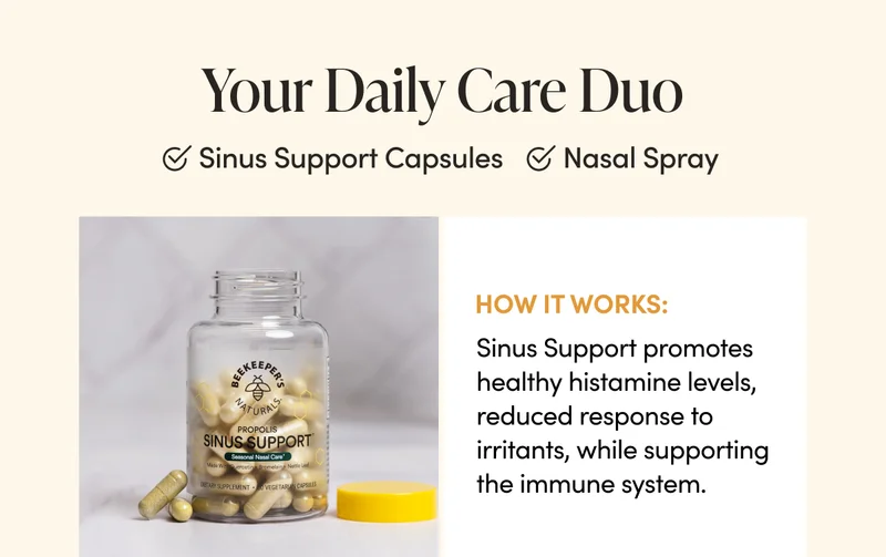 Sinus Support supports healthy histamine levels, reduced response to irritants, and immune support.