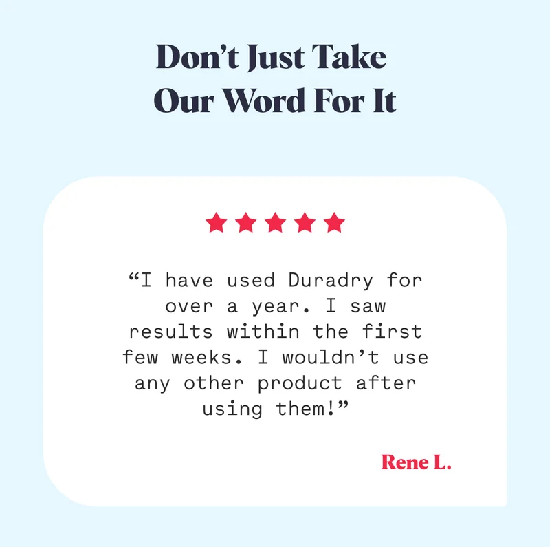 Don’t Just Take  Our Word For It “I have used Duradry for over a year. I saw results within the first few weeks. I wouldn’t use any other product after using them!” Rene L.