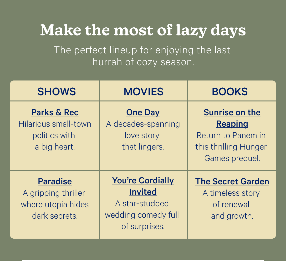Make the most of lazy days; The perfect lineup for enjoying the last hurrah of cozy season.