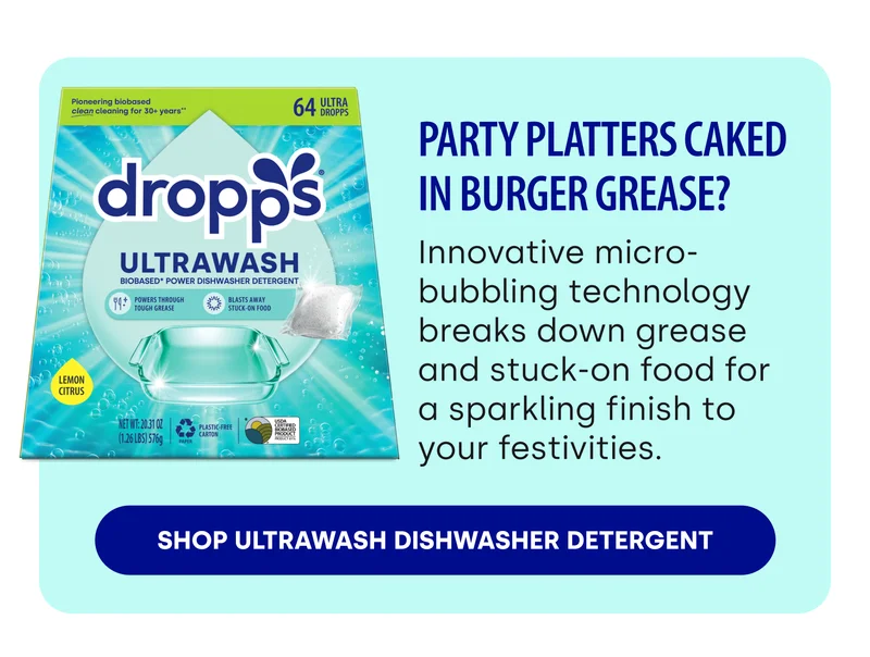 Party platters caked in burger grease? Innovative micro-bubbling technology breaks down grease  and stuck-on food for  a sparkling finish to  your festivities. [SHOP ULTRAWASH DISHWASHER DETERGENT]