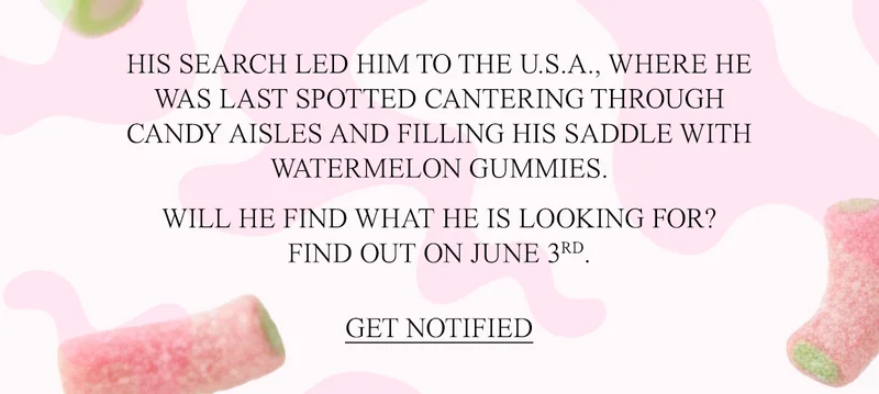 HIS SEARCH LED HIM TO THE U.S.A., WHERE HE WAS LAST SPOTTED CANTERING THROUGH CANDY AISLES AND FILLING HIS SADDLE WITH WATERMELON GUMMIES.  WILL HE FIND WHAT HE IS LOOKING FOR? FIND OUT ON JUNE 3RD.