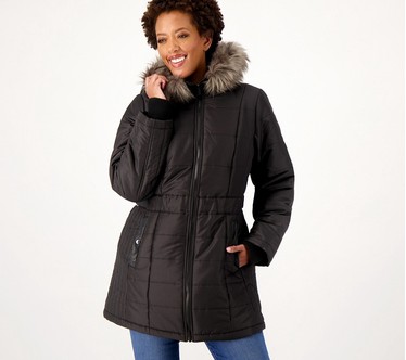 Susan Graver Water-Resistant Puffer Coat with Faux Leather Detail