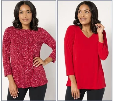 Susan Graver Set of 2 Print & Solid Liquid Knit A-Line Tops
