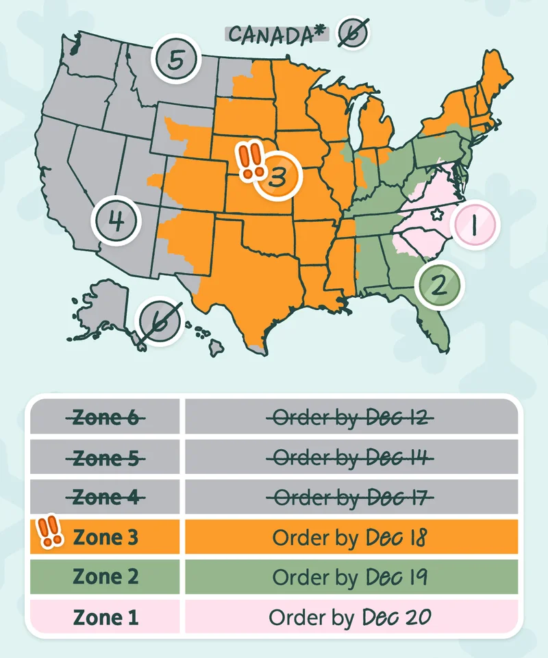 A map of the United States with Zones 3, 2 and 1 highlighted. To receive your order by December 25th, for Zone 3, order by December 18th. For Zone 2 order by December 19th and for Zone 1 order by December 20th