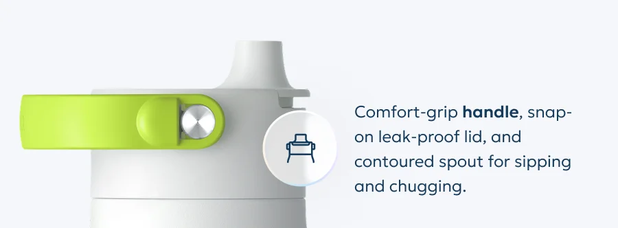 Comfort-grip handle, snap-on leak-proof lid, and contoured spout for sipping and chugging.