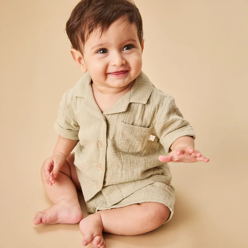 Image of Sage Muslin Short Sleeve Shirt & Shorts Set