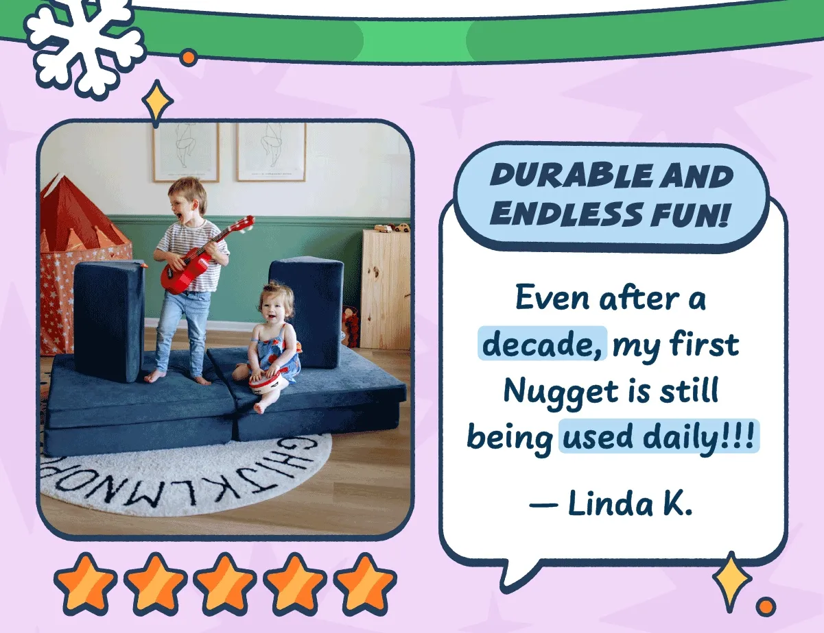Two children play on a Blueridge Nugget beside rotating reviews reading: We had a “dupe” previously but the functionality isn’t the same at all. The Nugget can’t be matched! - Nikki M, I’m a notorious “dupe” seeker. Nugget’s quality makes it worth it.  - Brenna M, and Even after a decade, my first Nugget is still being used daily!!! - Linda K.