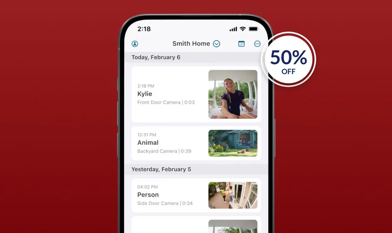 Phone displaying a simulated screen image of Arlo Secure. 50% off.