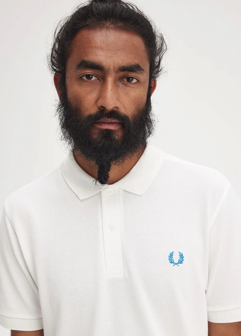 White Fred Perry Shirt with Sky Blue Laurel Wreath