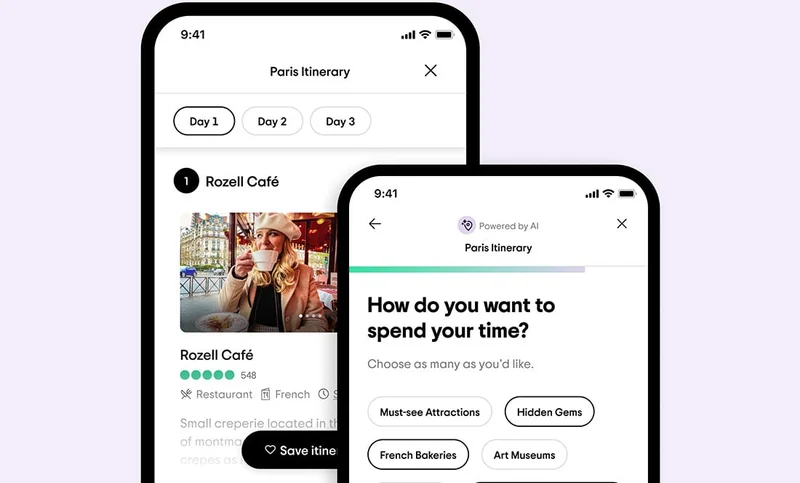 Image description: Two phones with itineraries for Paris on their screens. One phone lists Rozell Cafe in its itinerary, the other phone has a prompt asking “How do you want to spend your time?” with suggestions for things to do.