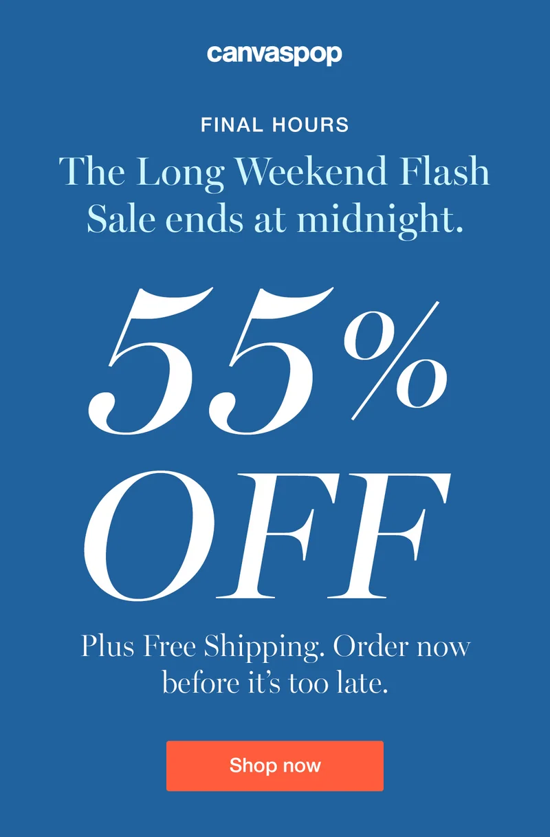 Final Hours. The Long Weekend Flash Sale ends at midnight. 55% off Plus Free Shipping. Order now before it's too late.