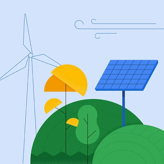 illustration of a windmill, solar panels and green hills