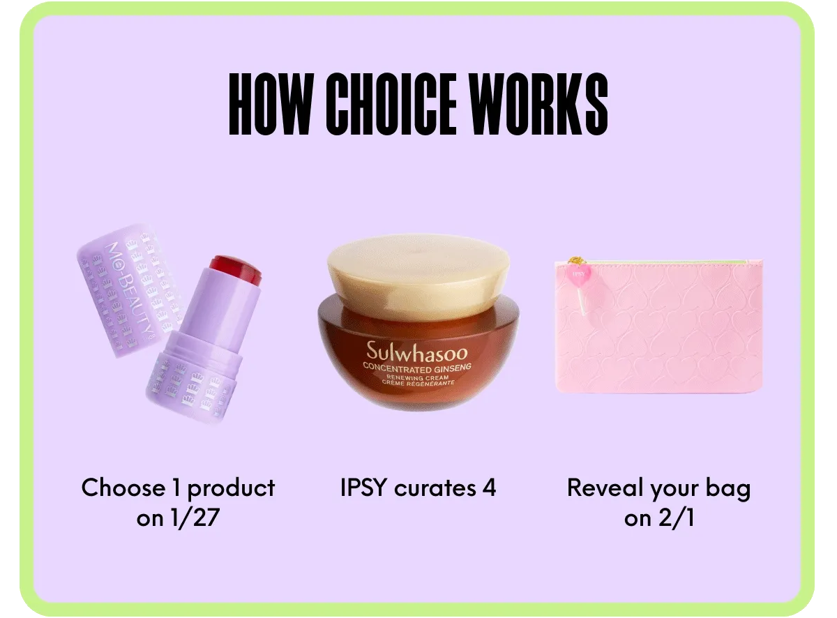 HOW CHOICE WORKS: Choose 1 product on 1/27 - IPSY curates 4 - Reveal your bag on 2/1