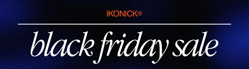 IKONICK® Black Friday Sale banner with elegant white cursive text on a dark blue gradient background and orange IKONICK logo above a white divider line.