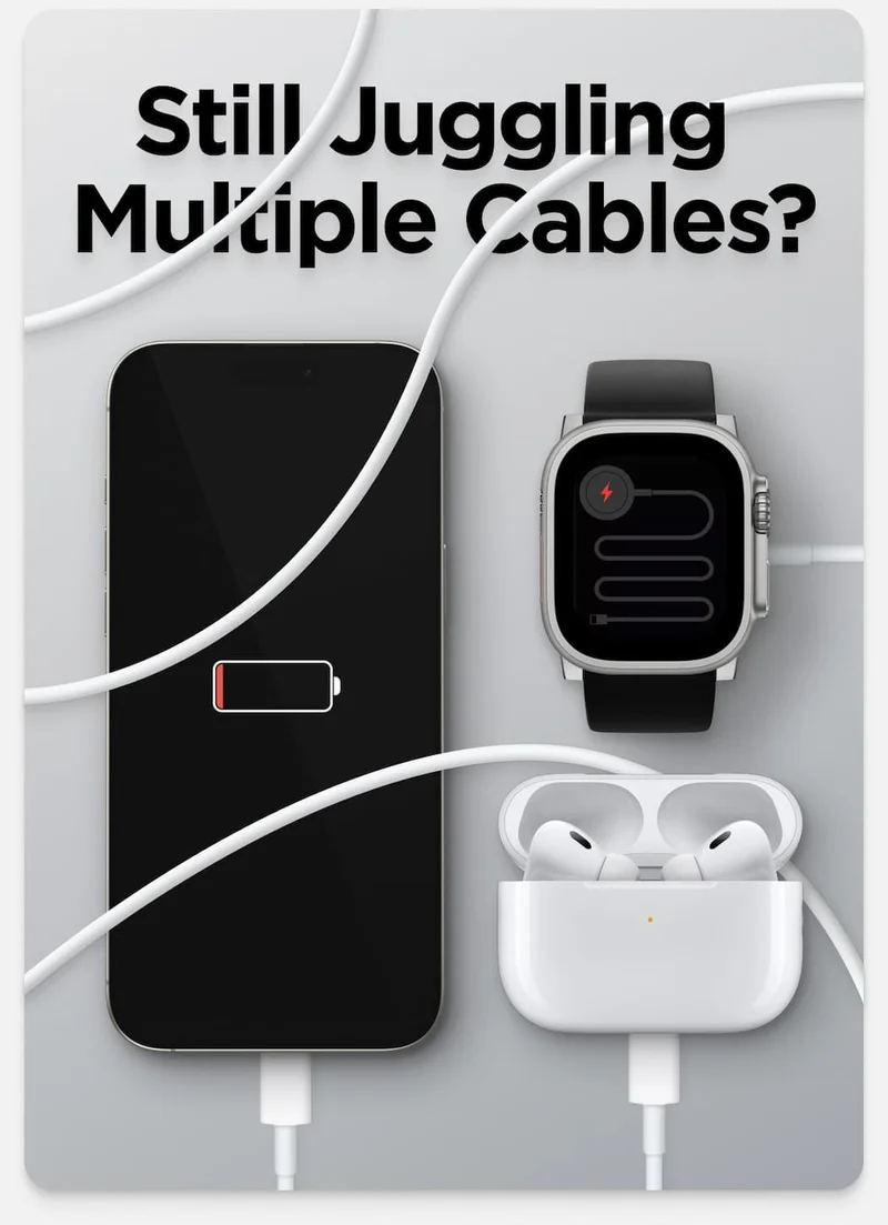 Still Juggling Multiple Cables? You don't have to. Base One Max makes charging effortless. This charging hub does away with tangled cords and cluttered outlets to provide an intuitive, visually striking charging experience. Just pop each device into place and power up. Shop Base One Max.