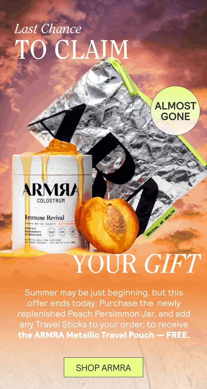 Summer may be just beginning, but this offer ends today.. Unlike the sultry days of summer, this shining moment is short-lived — and time is almost up.  Today is the final day to purchase the newly-restocked, Peach Persimmon Jar, and add any Travel Sticks to your order, to unlock a free, limited edition ARMRA Metallic Travel Pouch.   Only a few of these coveted gifts remain — so act fast.