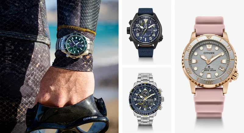 A person with diving gear and wearing a Promaster Dive. A variety of Promaster watches on gray backgrounds.