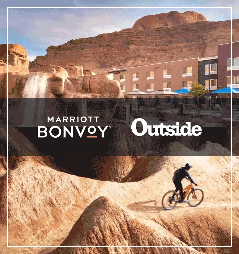 Split image with Red Cliffs Lodge at dusk and mountain biker on a flowy desert single track turn.