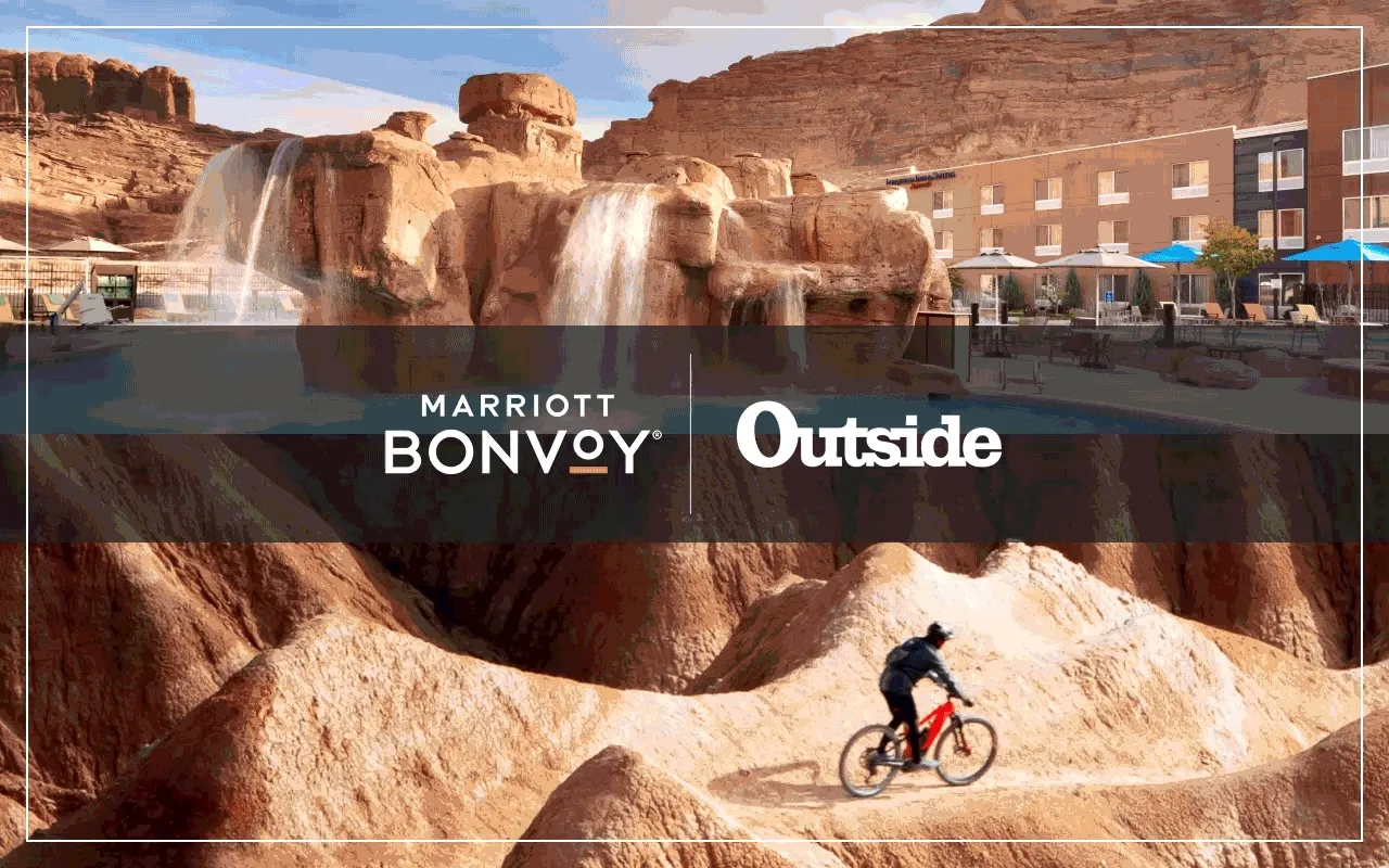 Split image with Red Cliffs Lodge at dusk and mountain biker on a flowy desert single track turn.