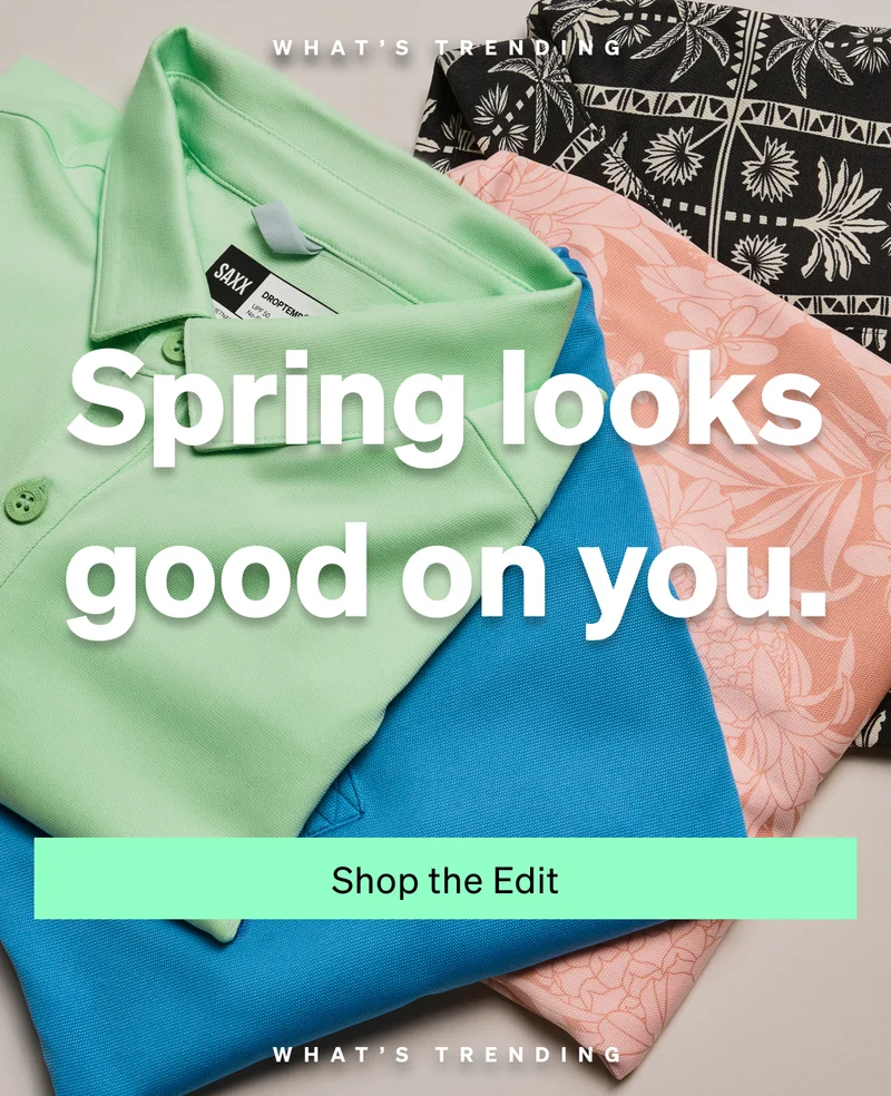 Stack of spring apparel including green polo and patterned pieces with “Spring looks good on you” text