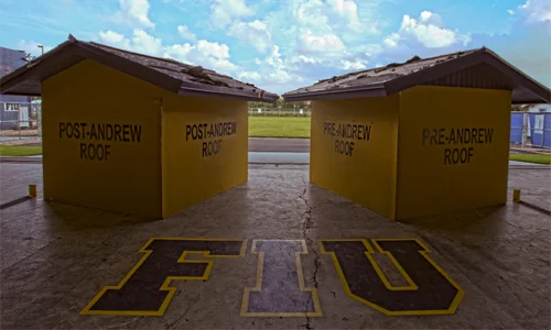 Two model homes inside Florida International University's 'Wall of Wind' facility—one with an upgraded roof and one without—will face hurricane force winds.