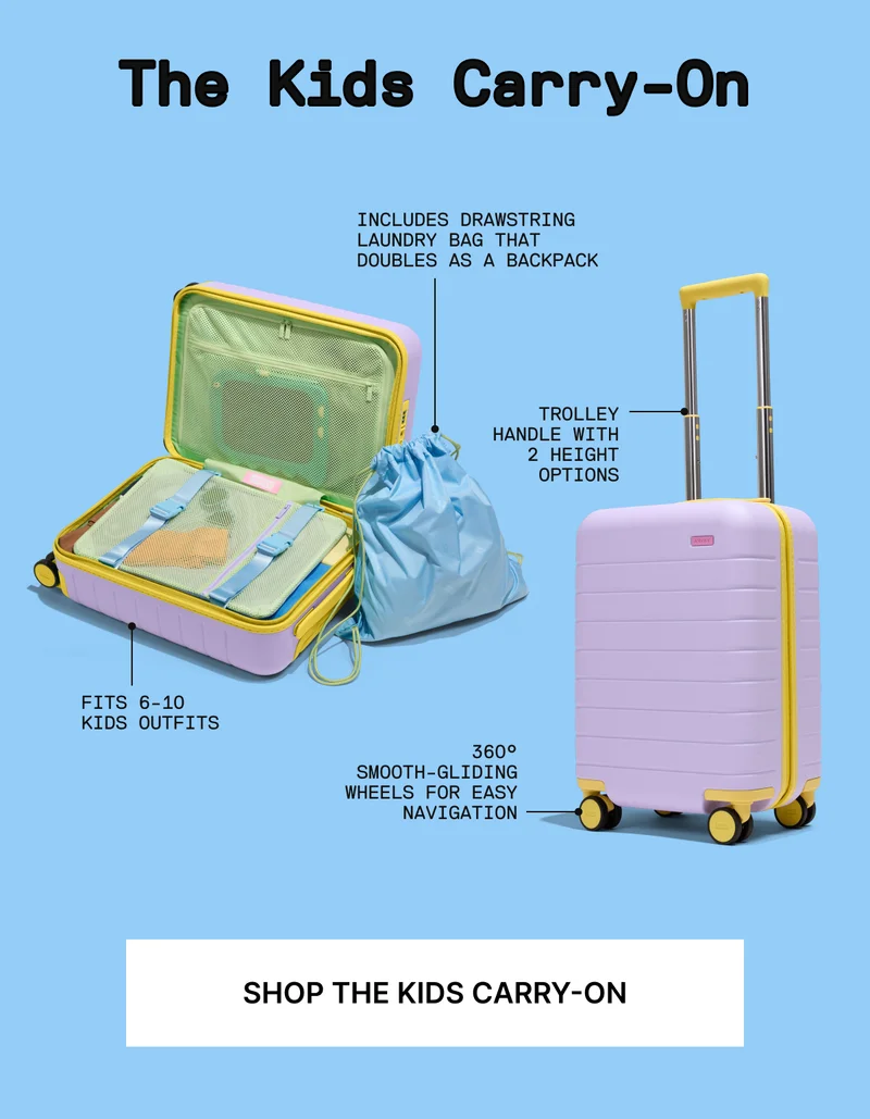 The KIDS CARRY-ON | Trolley handle with 2 height options, 360° smooth-gliding wheels for easy navigation, Includes drawstring laundry bag that doubles as a backpack, Fits 6-10 kids outfits