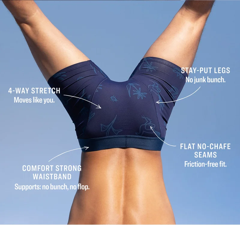 4-WAY STRETCH Moves like you. / COMFORT STRONG WAISTBAND Supports: no bunch, no flop. / STAY-PUT LEGS No junk bunch. / FLAT NO-CHAFE SEAMS Friction-free fit.