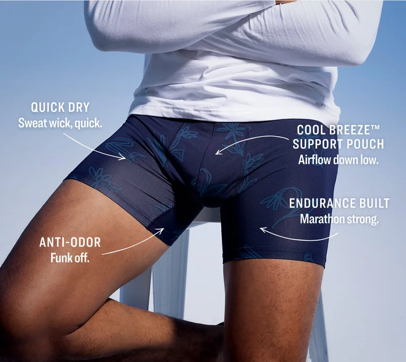 QUICK DRY Sweat wick, quick. / ANTI-ODOR Funk off. / COOL BREEZE(TM) SUPPORT POUCH Airflow down low. / ENDURANCE BUILT Marathon strong.