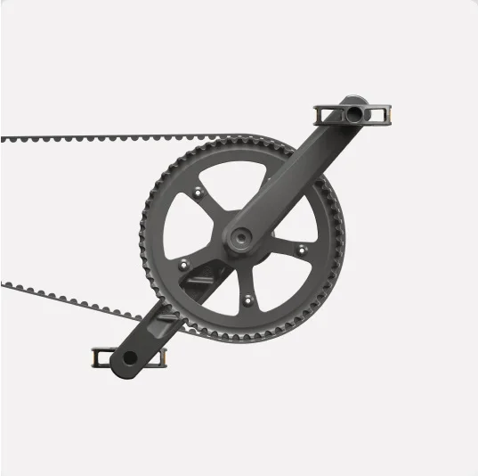 Close-up of the belt drive system on a Cowboy bike, showcasing the sleek chainring and pedal design.