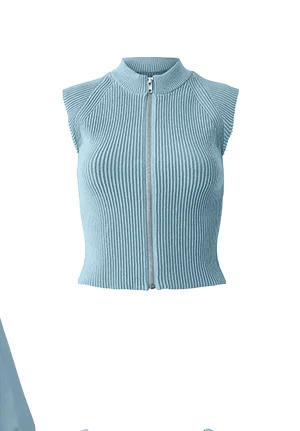 Denim Knit Sleeveless Full Zip Top