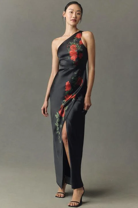 BHLDN Dylan Stretch Satin One-Shoulder Side-Slit Maxi Dress
