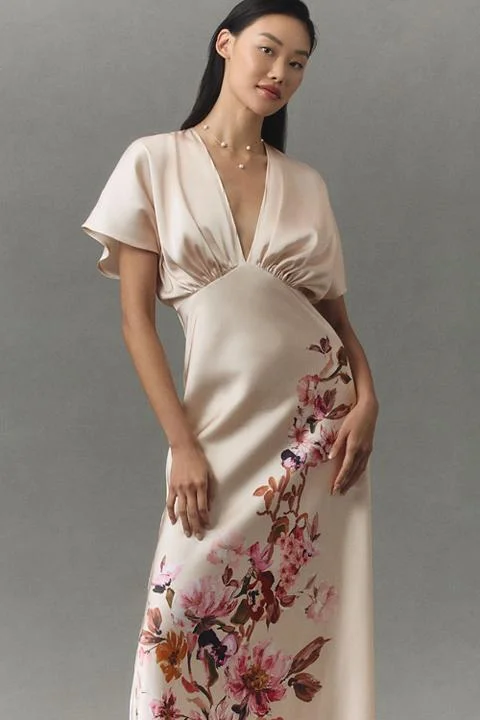 BHLDN Leila Deep-V Flutter-Sleeve Satin A-Line Gown