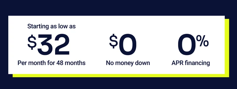 $32 per month for 48 months. $0 no money down. 0% APR financing