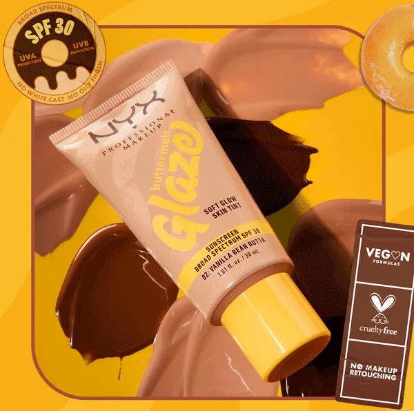 BUTTERMELT GLAZE TINT SPF 30. GIF THROUGH SHADES WITH SWATCHES AND MODEL.