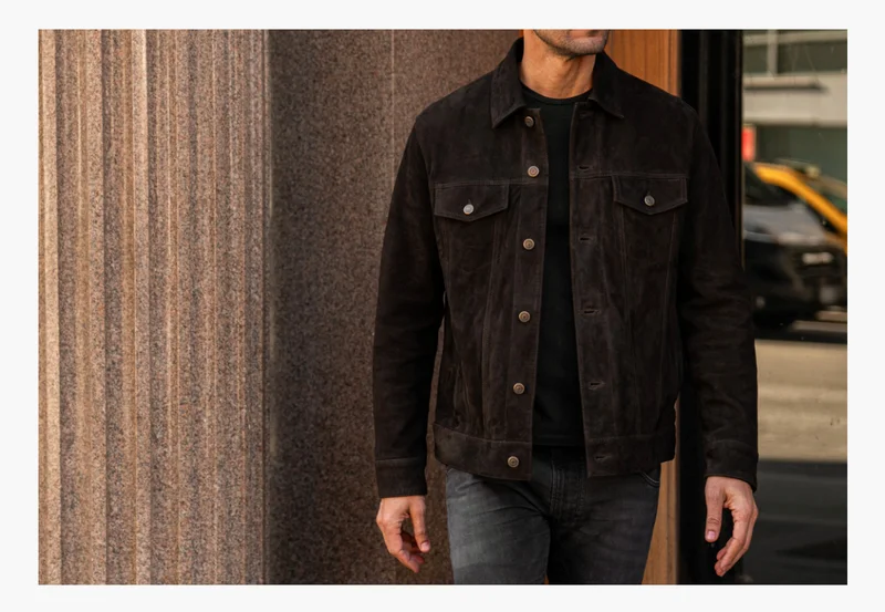 Lifestyle image of the Chocolate Suede Trucker Jacket.