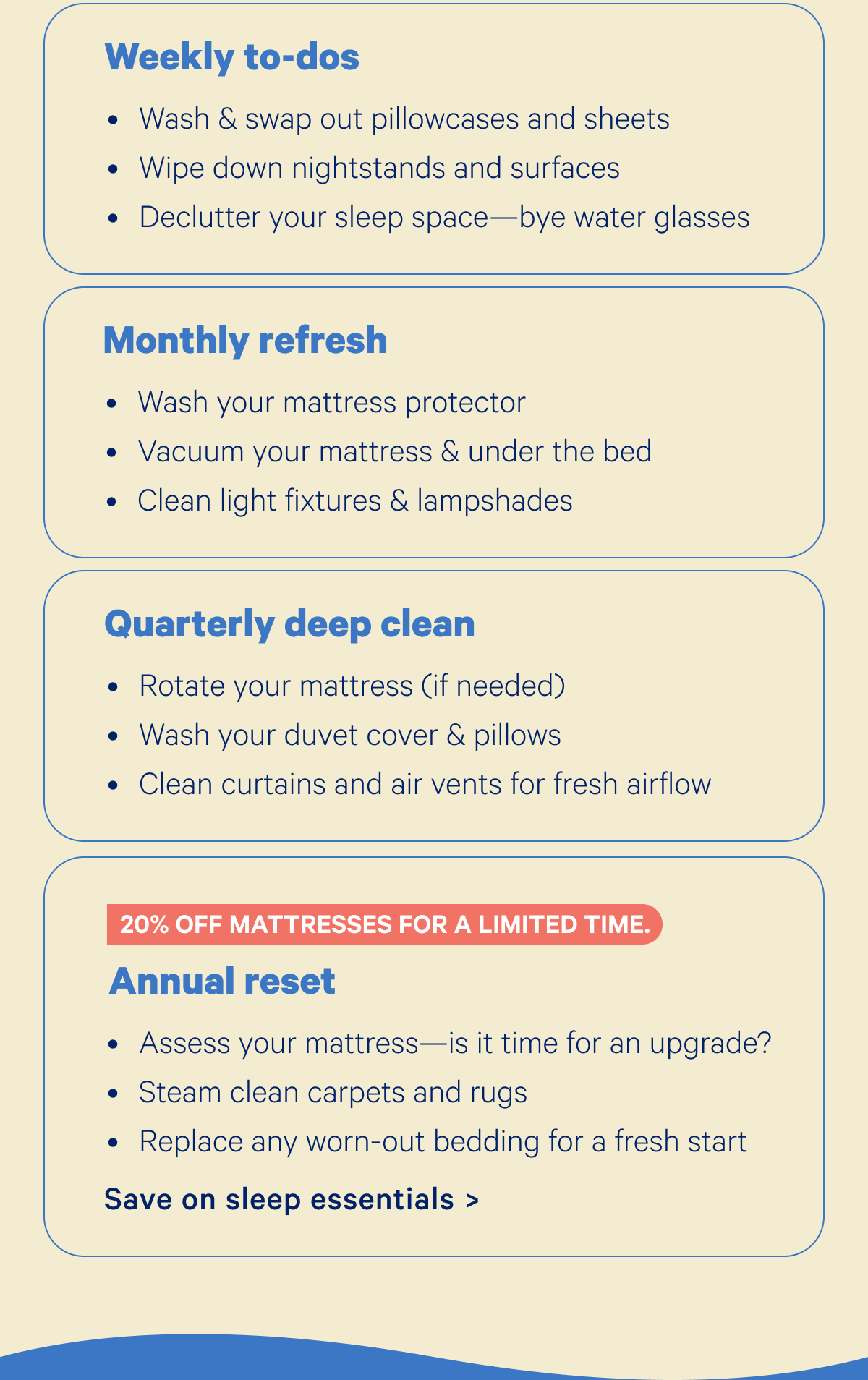 The Casper cleaning schedule:  Weekly to-dos:  Wash and swap out pillowcases and sheets  Wipe down nightstands and surfaces  Declutter your sleep space—bye water glasses  Monthly refreshes:  Wash your mattress protector  Vacuum your mattress and under the bed  Clean light fixtures and lampshades  Quarterly deep clean:  Rotate your mattress (if needed)  Wash your duvet cover and pillows  Clean curtains and air vents for fresh airflow  Annual reset:  Assess your mattress—is it time for an upgrade? (20% off for a limited time)  Steam clean carpets and rugs  Replace any worn-out bedding for a fresh start  Save on sleep essentials.