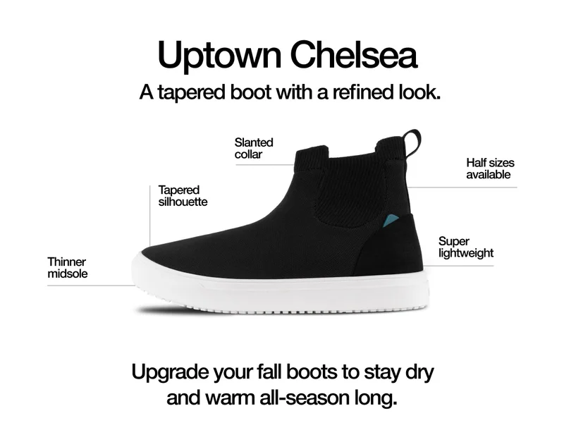 Uptown Chelsea.A tapered boot with a refined look. Thinner midsole. Tapered silhouette. Slanted collar. Half sizes available. Super lightweight. Upgrade your fall boots to stay dry and warm all-season long.