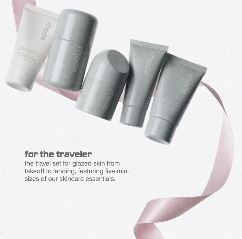 for the traveler: The Travel Set for glazed skin from takeoff to landing, featuring five mini sizes of our skincare essentials.