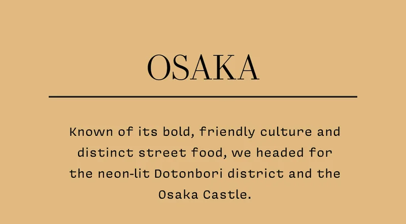 OSAKA Known of its bold, friendly culture and distinct street food, we headed for the neon-lit Dotonbori district and the Osaka Castle.
