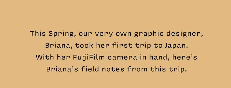 This Spring, our very own graphic designer, Briana, took her first trip to Japan. With her FujiFilm camera in hand, here’s  Briana’s field notes from this trip.