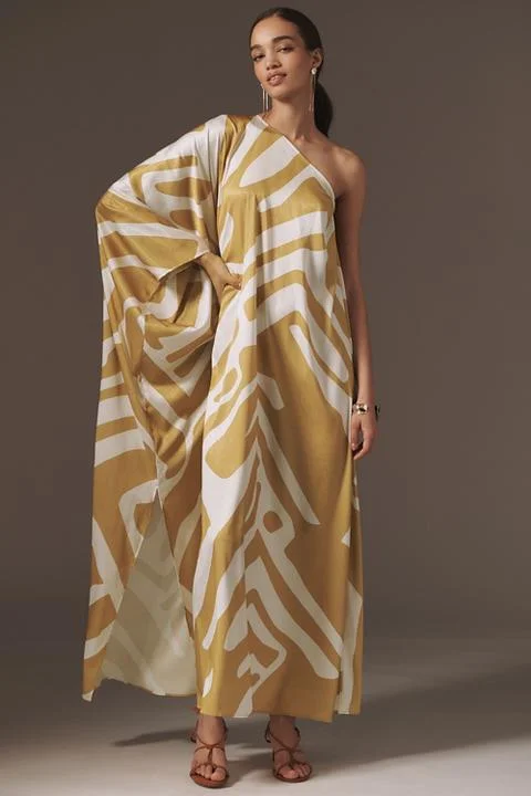 DIARRABLU Satu Printed Long-Sleeve One-Shoulder Maxi Dress