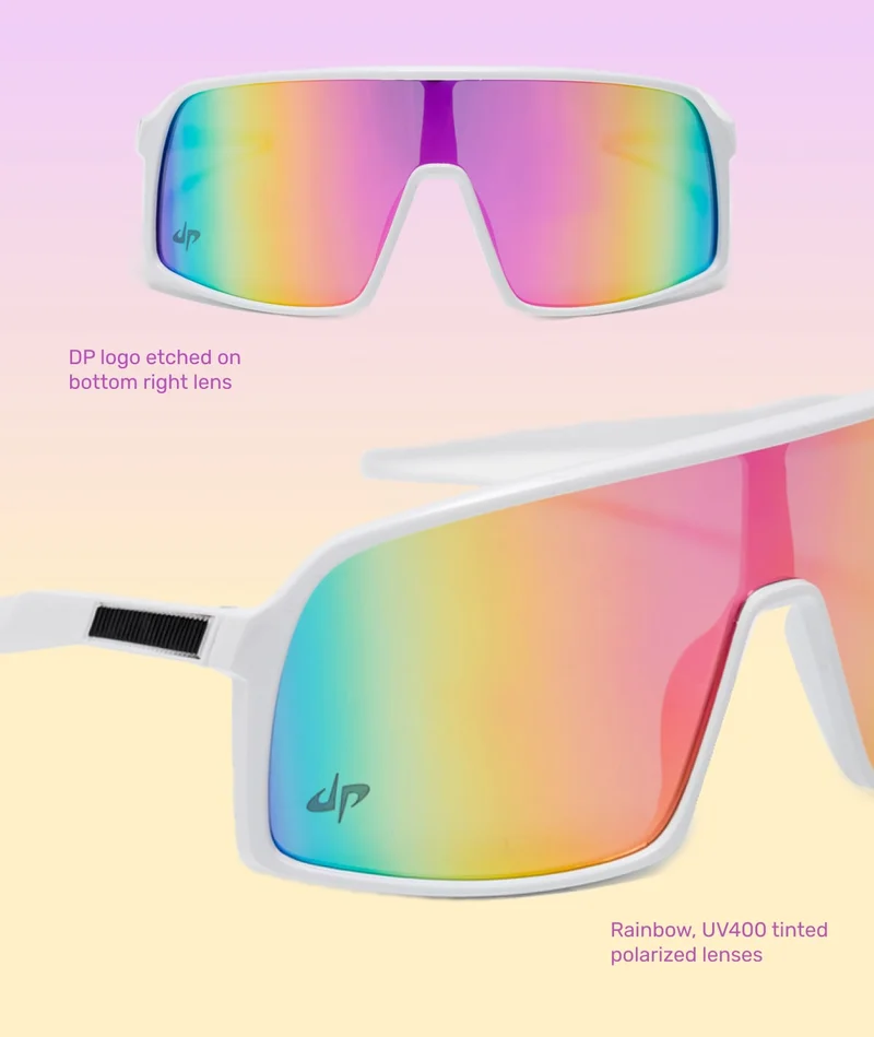 DP logo etched on bottom right lens - Rainbow, UV400 tinted polarized lenses