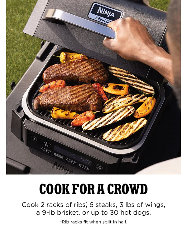 Cook For A Crowd-- Cook 2 racks of ribs*, 6 steaks, 3 lbs of wings, a 9-lb brisket, or up to 30 hot dogs. *Rib racks fit when split in half