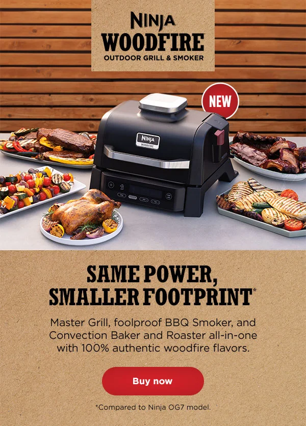 Ninja Woodfire® Outdoor Pizza & Smoker --Same Power, Smaller Footprint*--Master Grill, foolproof BBQ Smoker, and Convection Baker and Roaster all-in-one with 100% authentic woodfire flavors. *Compared to Ninja OG7 Model.