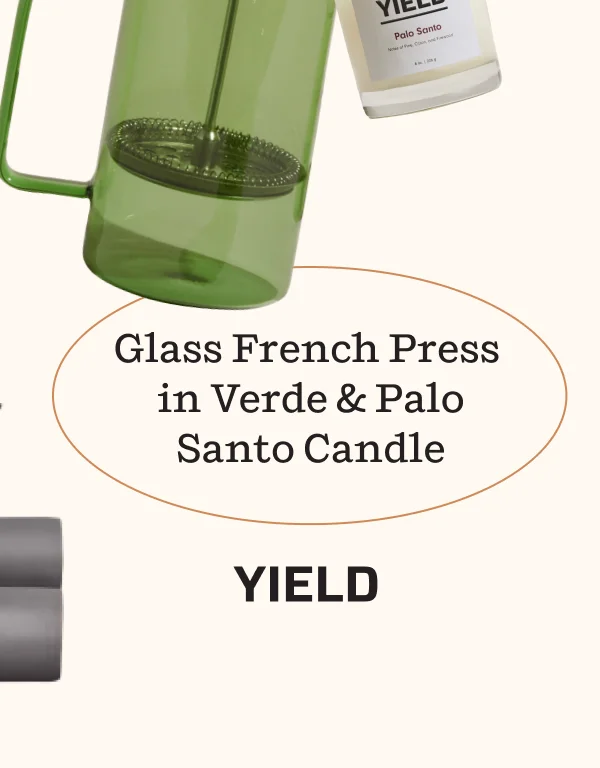 Yield Glass French Press in Verde & Palo Santo Candle