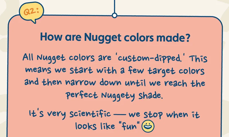 How are Nugget colors made? All Nugget colors are "custom-dipped." This means we start with a few target colors and then narrow down until we reach the perfect Nuggety shade. It's very scientific — we stop when it looks like "fun"