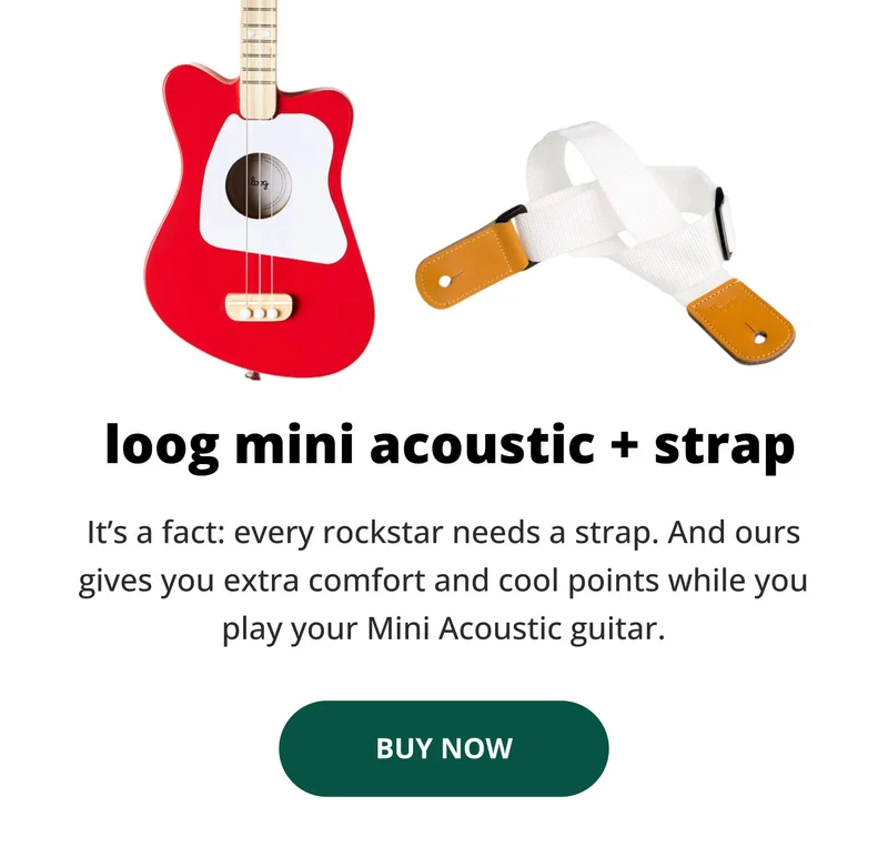 Loog Mini Acoustic + strap - It’s a fact: every rockstar needs a strap. And ours gives you extra comfort and cool points while you play your Mini Acoustic guitar. - buy now