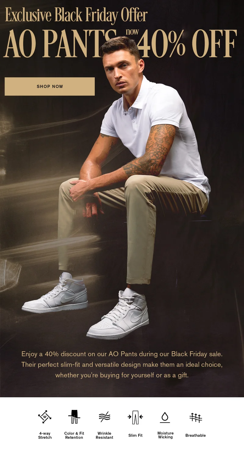man sitting wearing a white polo and ao pants