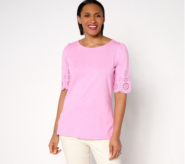 Belle by Kim Gravel Slub Knit Scallop Sleeve Boatneck Top