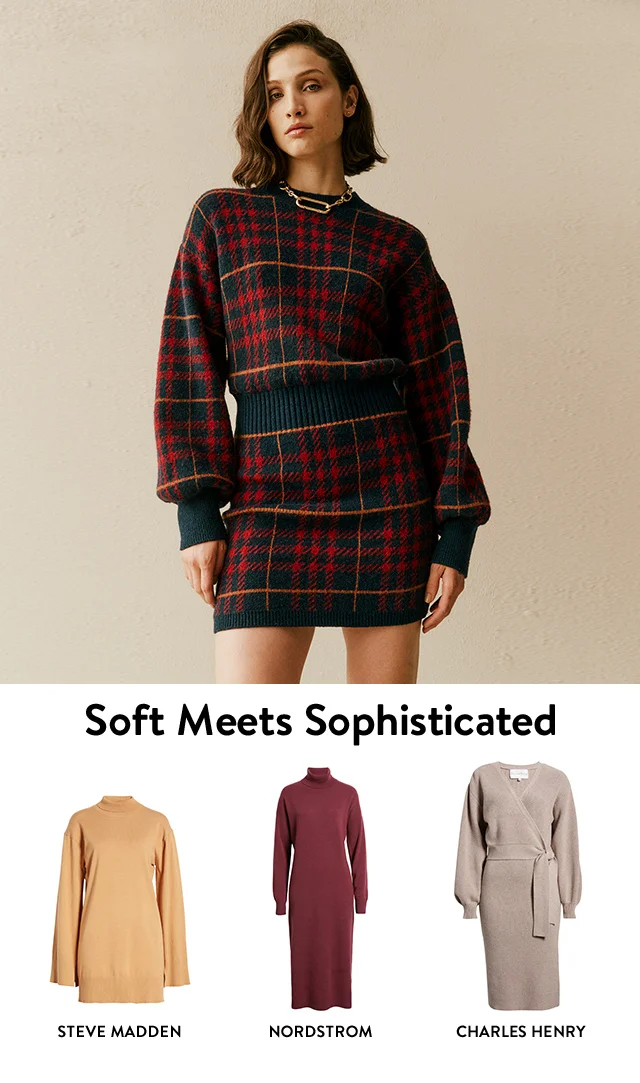 A woman wearing a plaid sweater dress. Three additional styles of sweater dresses.